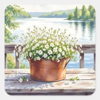 Flowers in Copper pot on Lakehouse Deck Square Sticker