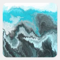 Aqua Blue Gray and Black Waves Abstract Modern Art Square Sticker