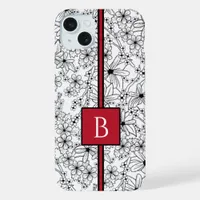 Hand Drawn Floral White Black Pattern and Monogram iPhone 15 Plus Case