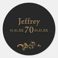 70th birthday black gold monogram name guy classic round sticker