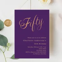 Purple gold script 50th birthday invitation