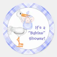 Stork & Triplet Boys Baby Shower Classic Round Sticker