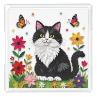 Cute Black and White Cat, Flowers and Butterflies Acrylic Tray
