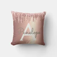 Rose Gold Glitter Dripping Monogram Throw Throw Pillow