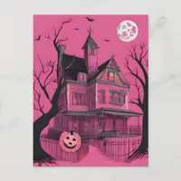 Pink Haunted Halloween House Postcard