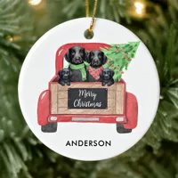 Black Labrador Dog Personalize Red Christmas Truck Ceramic Ornament