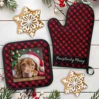 Personalized Dog Photo Red Buffalo Plaid Christmas Oven Mitt & Pot Holder Set