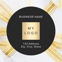 Business logo name address black white classic round sticker