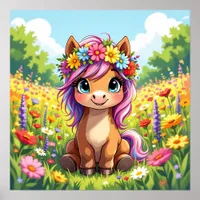 Pretty Pony with Flowers Poster