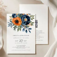 Navy Burnt Orange Watercolor Florals QR Wedding Invitation