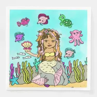 Pretty Yellow and Pink Ethnic Mermaid Birthday Paper Dinner Napkins