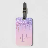 Glam Purple Glitter Drips Elegant Monogram  Luggag Luggage Tag