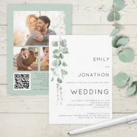 Modern Eucalyptus 3 Photos QR Code Wedding Invitation