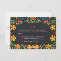 Mexican Black Floral Colorful Botanical Wedding RSVP Card