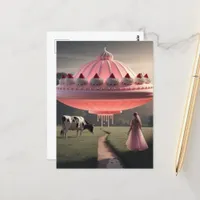 Pink UFO Surreal Sweet Treat in Dairy Pasture Postcard
