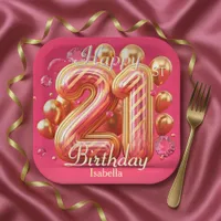 Pink & Gold Glitter Drip 21st Birthday Celebration Paper Plates