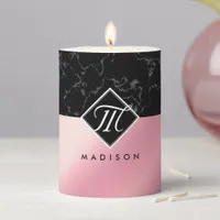 Elegant Black Marble & Pink Foil Monogram Pillar Candle