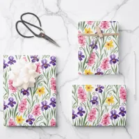 Daffodil Yellow, Iris Purple, Hyacinth Pink Floral Wrapping Paper Sheets