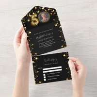 50th birthday black gold stars photo rsvp all in one invitation