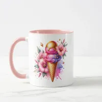 Pretty Pink and Gold Ice Cream Cone Personalized Mug