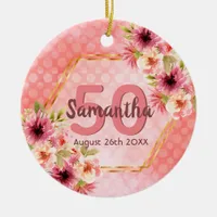 Birthday blush pink florals geometric name ceramic ornament