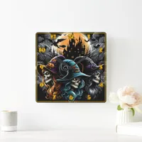 Spooky witches gathering under a full moon square wall clock