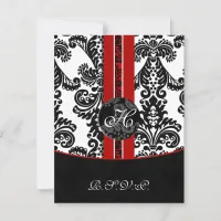 monogram damask red rsvp cards