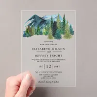 Rustic Watercolor Pine Mountains Wedding Acrylic Invitations