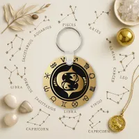 Mystic Gold Engraved Pisces Zodiac Wheel Keychain