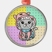 Hand drawn Cartoon Kitty Cat in Winter Hat Metal Ornament