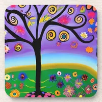 Pretty Whimsical Tree Folk Art Ai  Generated Art Beverage Coaster