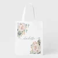 Florals peony eucalyptus monogram bridesmaid grocery bag