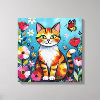 Impasto Cat, Flowers & Butterfly Canvas Print