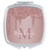 Luxury Rose Gold Sparkle Glitter Drips Monogram Compact Mirror