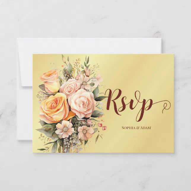 Rustic Peach and Gold Flowers Wedding RSPV Card