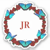 Red Roses and Blue Butterflies Monogram Wreath Sticker