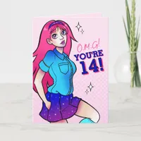 Magical Pink Sparkle School Girl 14th Birthday Card