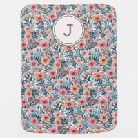 Pretty Floral Pink Peach Patterned Monogrammed Baby Blanket