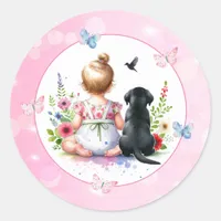 A Baby Girl and her Puppy Baby Shower  Classic Round Sticker