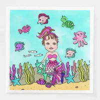 Cute Brunette Mermaid Girls Birthday Party Paper Dinner Napkins