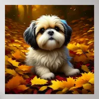 Shih Tzu Puppy Dog Playing in Fall Leaves   Poster