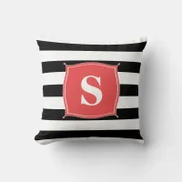 Coral Red & Black Monogram Striped | Throw Pillow