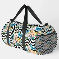 Flowers Butterflies Black & White Wavy Stripes Duffle Bag