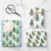 Three Christmas Trees and Gifts Patterns Wrapping Paper Sheets