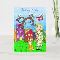 Thinking of You Whimsical Lady and Cat Friendship Card