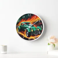 Vintage hot rod racing down a fiery highway clock