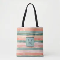 Wide Watercolor Stripes Teals Color Block Monogram Tote Bag