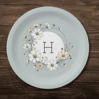Sage Green Monogram Boho Flowers Personalized  Paper Plates