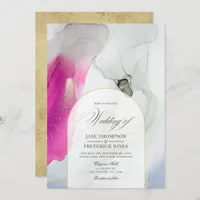 Elegant Pink, Grey, and Gold Alcohol Ink Wedding Invitation