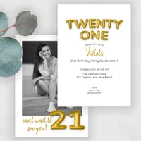 Gold Balloon 21st Birthday Photo Invite